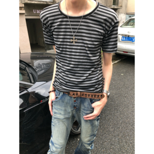 BUFANSTUDIO对格条纹Skinny黑灰暗黑正肩短袖街头hediboy风格T恤