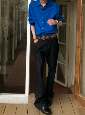 BUFANSTUDIO美式复古刺绣原牛微喇牛仔裤男cleanfit老钱风长裤黑