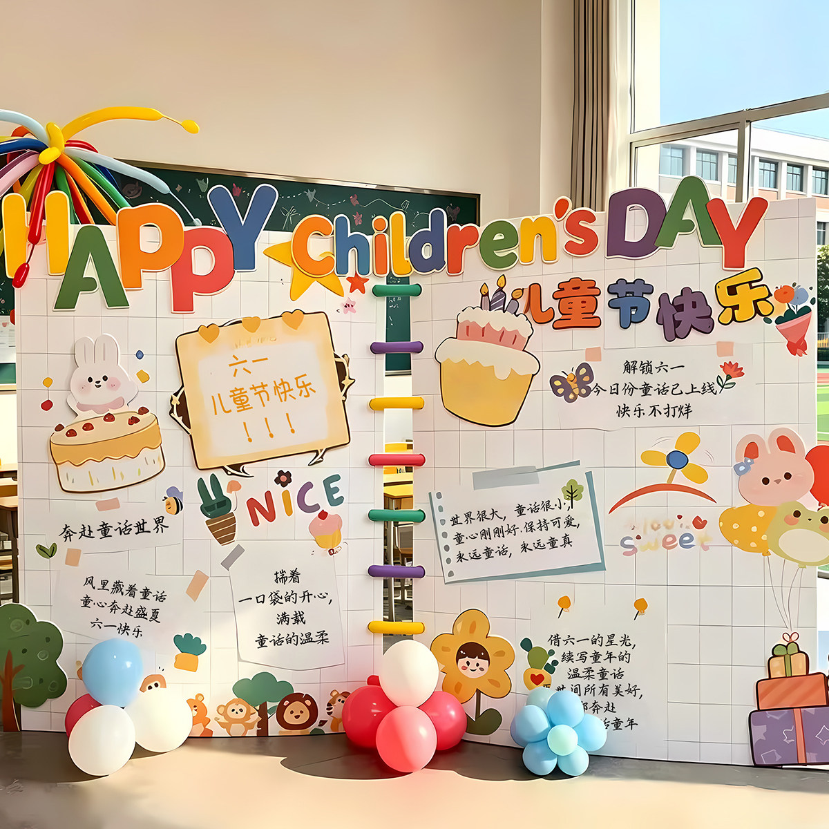 幼儿园61典礼场景布置活动氛围教室六一儿童节场景布置kt板气球