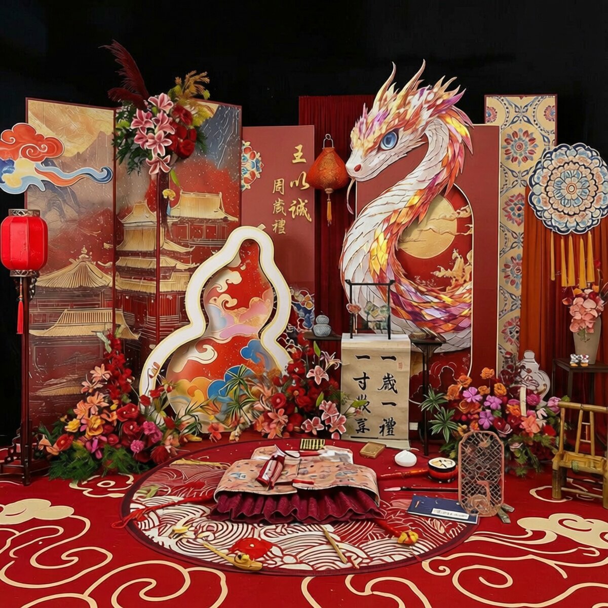 网红蛇宝宝周岁满月百天装饰布置kt定制背景墙高级仪式感中式抓周
