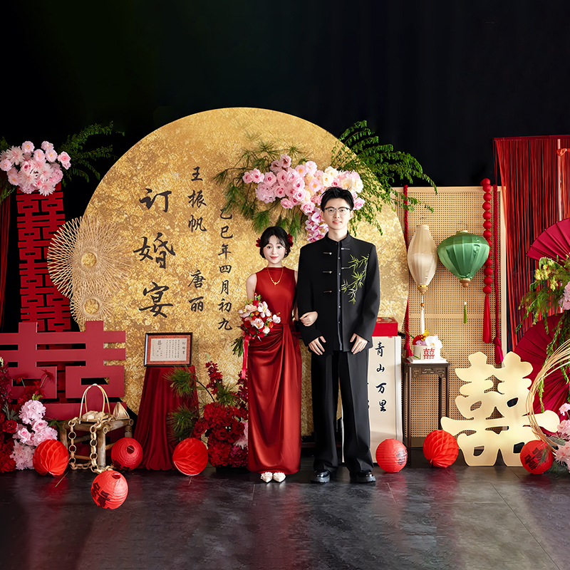 订婚摆台布置高级感红金色新中式喜字场景背景墙kt板无气球全套餐