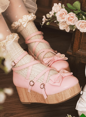 现货丨古早塔塔丨lolita鞋坡跟松糕可爱尖圆头蝴蝶结古早感