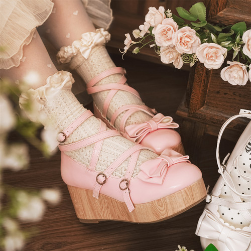 现货丨古早塔塔丨lolita鞋坡跟松糕可爱尖圆头蝴蝶结古早感