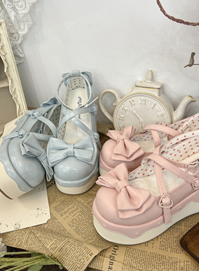 【现货】流心蛋糕丨lolita鞋厚底可爱圆头蝴蝶结绑带松糕鞋