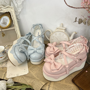 流心蛋糕 lolita鞋 厚底可爱圆头蝴蝶结绑带松糕鞋 现货