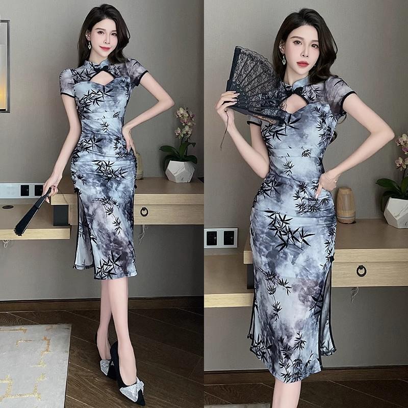 足疗技师工作服性感印花旗袍连衣酒店工作制服
