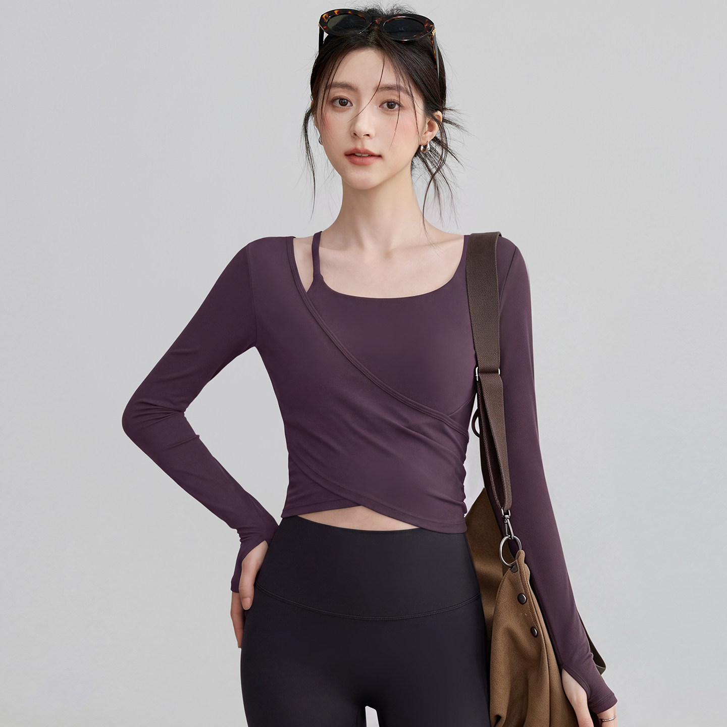 VOJ健身衣女秋带胸垫瑜伽服交叉修身显瘦长袖运动上衣普拉提跑步