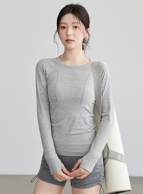 VOJ瑜伽服女运动长袖圆领高弹健身衣显瘦打底跑步上衣秋冬健身服