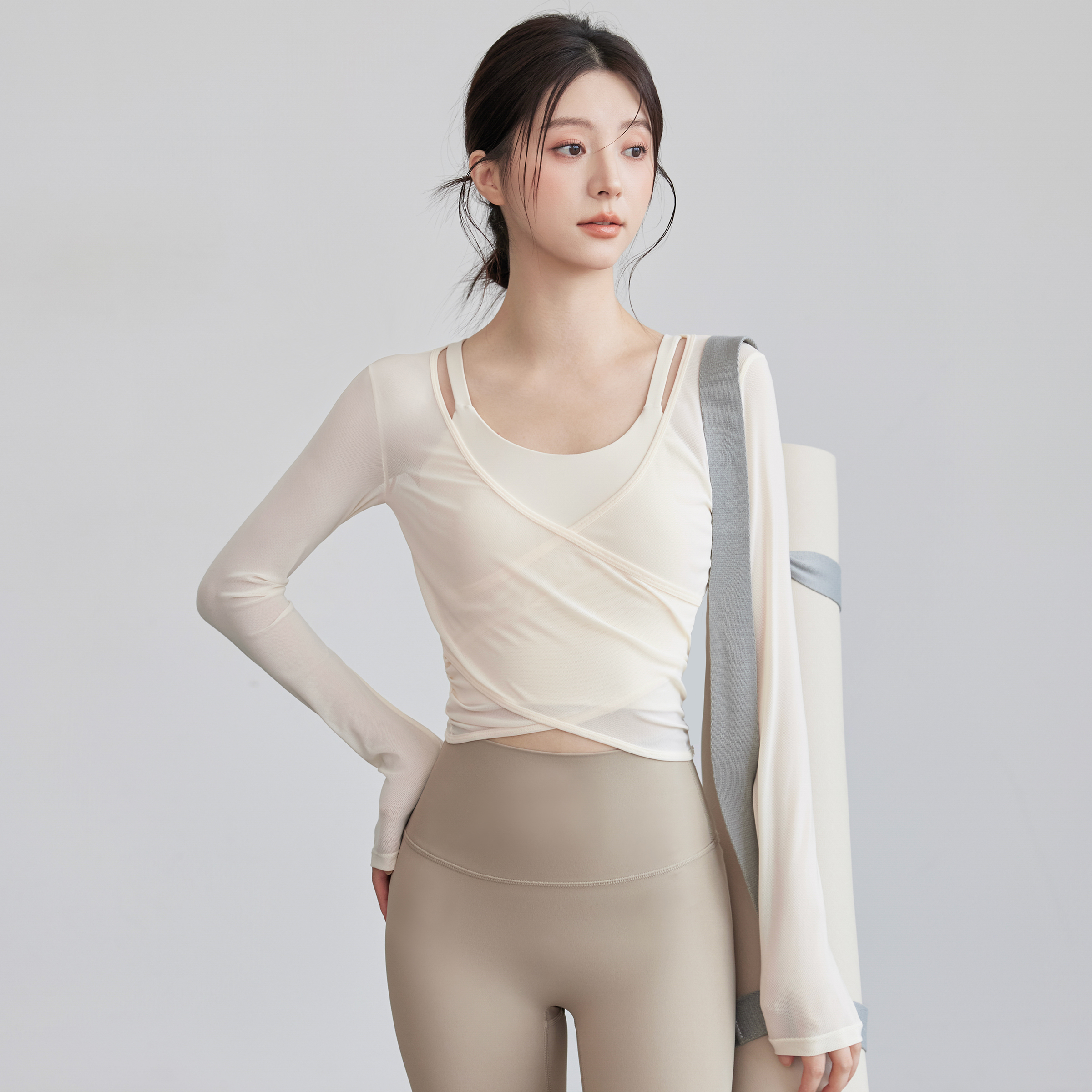 VOJ瑜伽服运动上衣网纱罩衫时尚长袖速干跑步训练健身套装普拉提