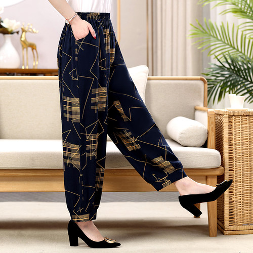 时尚棉绸灯笼裤女春夏薄广场舞蹈花裤大码宽松束脚裤百搭休闲长裤