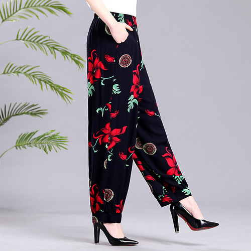 棉绸灯笼裤女春夏哈伦花裤高腰广场舞宽松休闲裤大码中老年萝卜裤