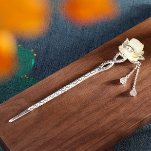 S925银古风和田玉荷花发簪及笄礼钗子步摇流苏汉服盘发叉子百搭