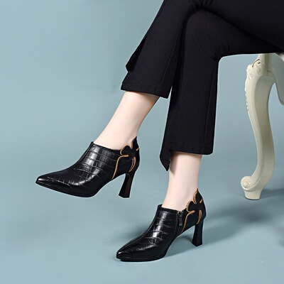 新款尖头高跟鞋女春格纹牛皮花朵细跟深口单鞋欧美风YJ6078