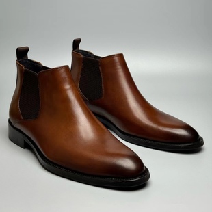 专柜正品 高端男式 商务正装 固特异手工制作 牛皮 中帮切尔西皮鞋