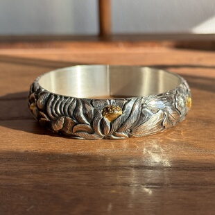 千凤银足银999荷花荷叶纯银手镯民族风贴金手镯女款手工錾刻