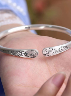 手工錾刻羽毛古法足银999手镯