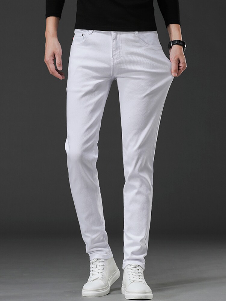 秋季白色三防油污牛仔裤男2025秋冬新款加绒休闲修身小直筒九分裤