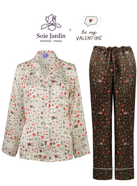 Soie Jardin3#爱恋系列印花真丝拼色长款白衣黑裤套装
