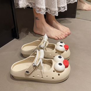 可爱大眼绑带室内外穿踩屎感防滑包头凉拖鞋 EVA厚底洞洞鞋 女夏季