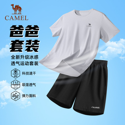父亲礼物骆驼t恤套装男士26短袖运动服夏季冰丝休闲短裤爸爸套装