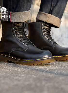 骆驼2025秋冬新款真皮增高厚底经典复古8孔机车高帮马丁靴男黑色