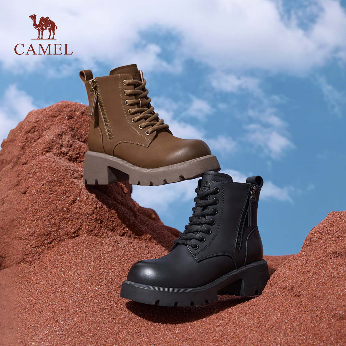 骆驼女鞋2025秋冬新款骆驼马丁靴女英伦风加绒短靴厚底增高时装靴