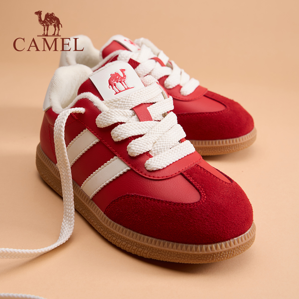 小骆驼儿童德训鞋加绒2025新款复古绒皮防滑耐磨休闲鞋学生板鞋子