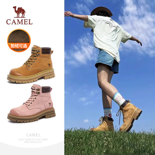 骆驼工装靴加绒马丁靴女