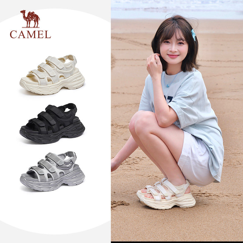 骆驼女鞋2025夏季时尚休闲纯色凉鞋运动凉鞋女百搭厚底沙滩鞋