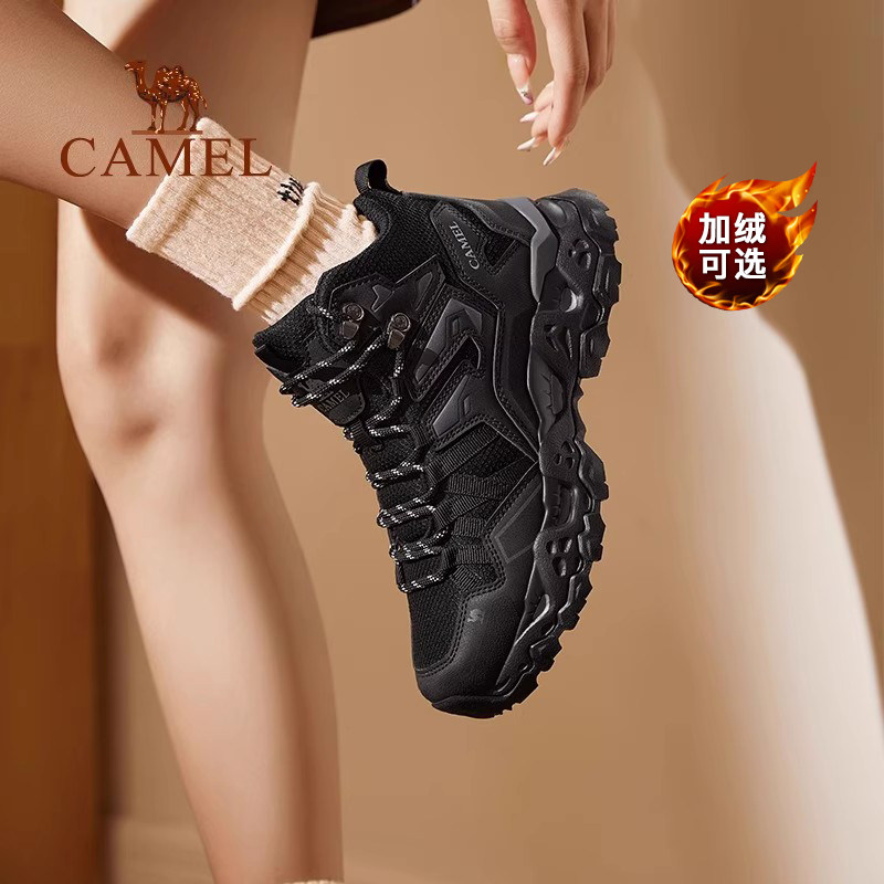 骆驼户外登山鞋女防水防滑冬季轻便专业高帮加绒鞋黑色运动鞋子男