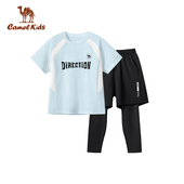 童装 骆驼男童套装 户外运动款 休闲透气儿童短袖 两件套 长裤 清仓