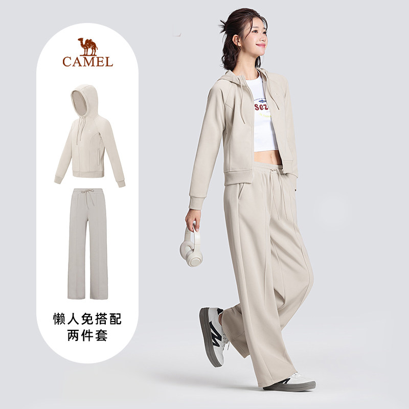 骆驼瑜伽针织长裤女秋季抗菌垂感显瘦透气裤子女士运动裤外套套装