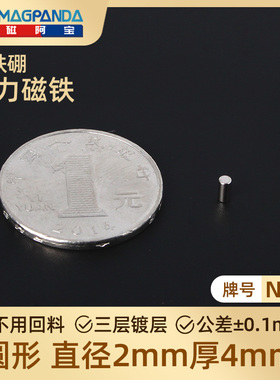 2X4mm稀土永磁钕铁硼N42超强力磁铁圆柱形吸铁石D2*4mm磁钢磁粒