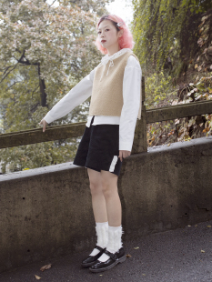 直筒短裤 灰黑色灯芯绒复古高腰花边西装 vol.20 FountainMountain