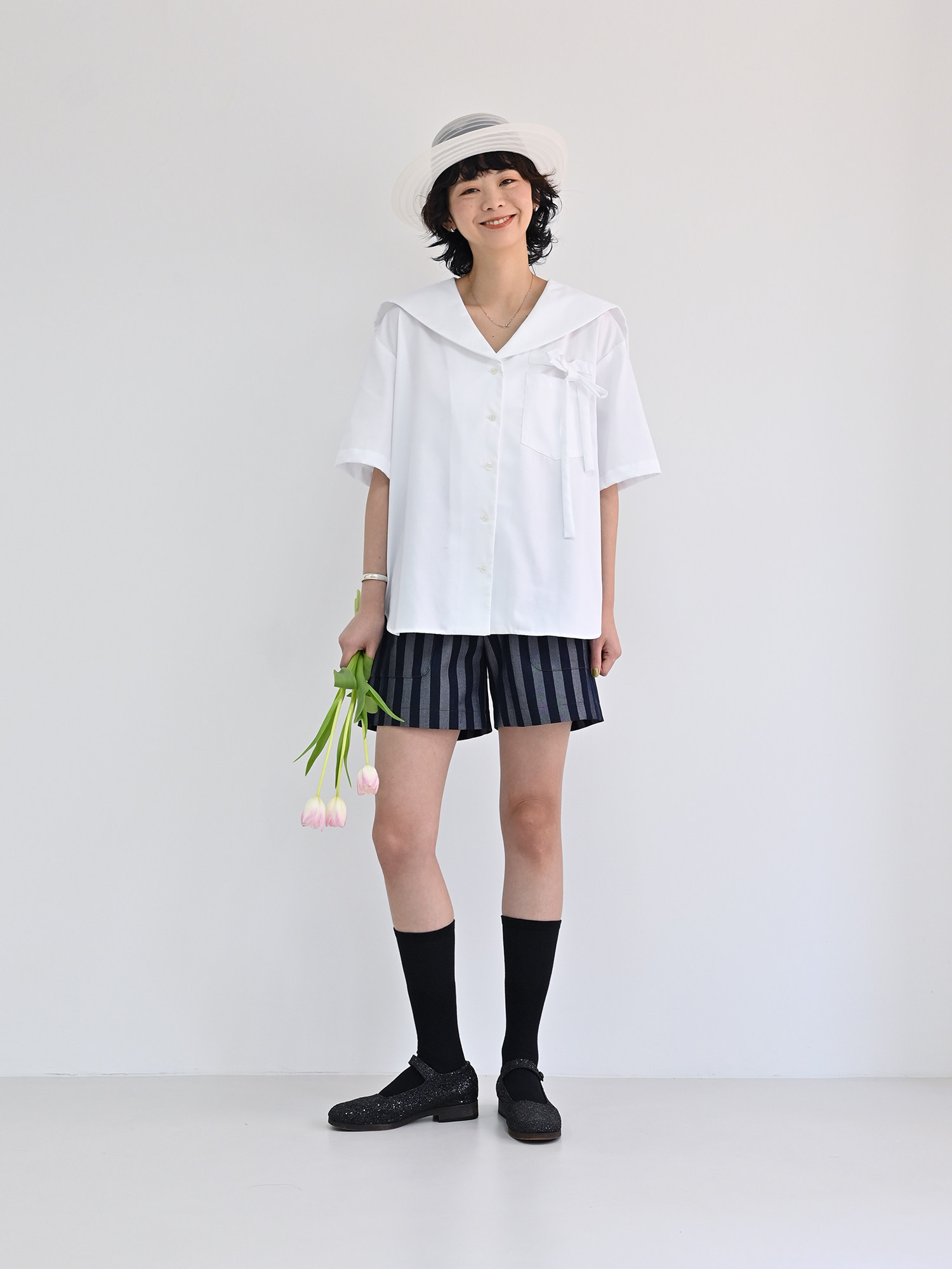 Room vol.8 白色海军领v领蝴蝶结宽松款短袖衬衫女士定制