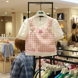 24夏季 benetton kids女童假两件短袖 T恤韩国代购 儿童拼接格子上衣