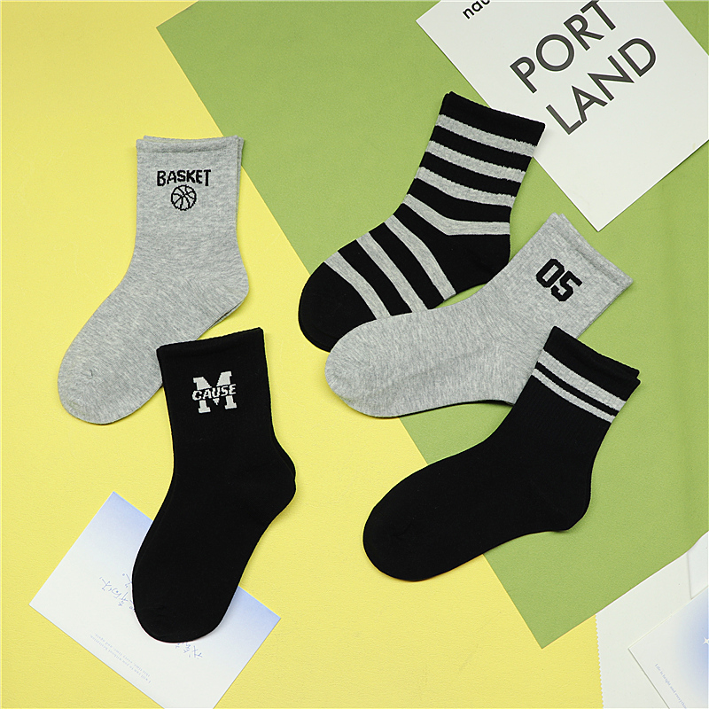 儿童袜子黑色灰色条纹字母数字秋冬季厚款男童女童宝宝中筒高腰潮