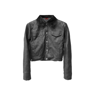 DETW 暗黑金属扣毛领皮草水洗做旧皮质正肩短宽羽绒夹克外套 25AW