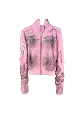 DETW 25AW*小众水洗做旧高级粉Bomber设计感拉链连帽卫衣外套男女