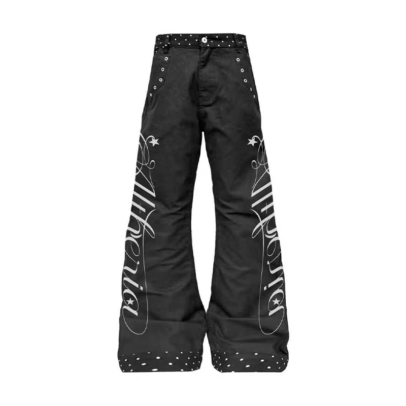 DETW"复古波点"13盎司双面料拼接金属复古街头显瘦弯刀牛仔裤男女
