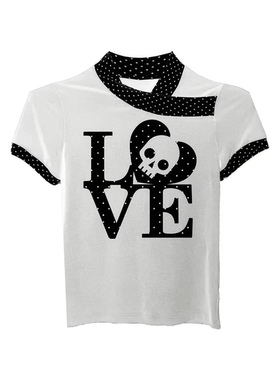 DETW 25ss*原创小众Y2K千禧风骷髅头波点撞色百搭正肩短袖辣妹女