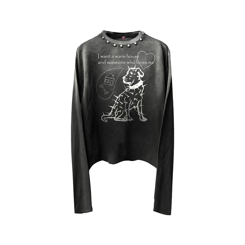 DETW 25AW*我想要一个温暖的房子和爱我的主人标语日晒铆钉长袖Te