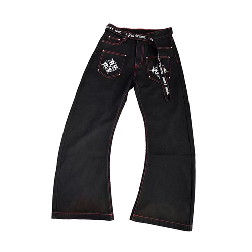 DETW飘带缝线剪裁弯刀牛仔裤