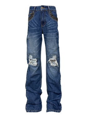 DETW 25AW*蛇纹鬼爪水洗做旧蓝牛破坏割烂堆叠修身口袋撞色牛仔裤