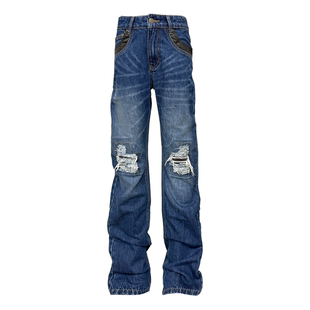 口袋撞色牛仔裤 蛇纹鬼爪水洗做旧蓝牛破坏割烂堆叠修身 25AW DETW