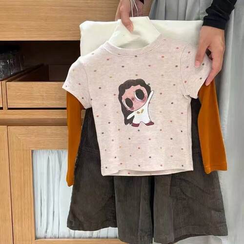 女童秋季假两件波点卡通长袖T恤