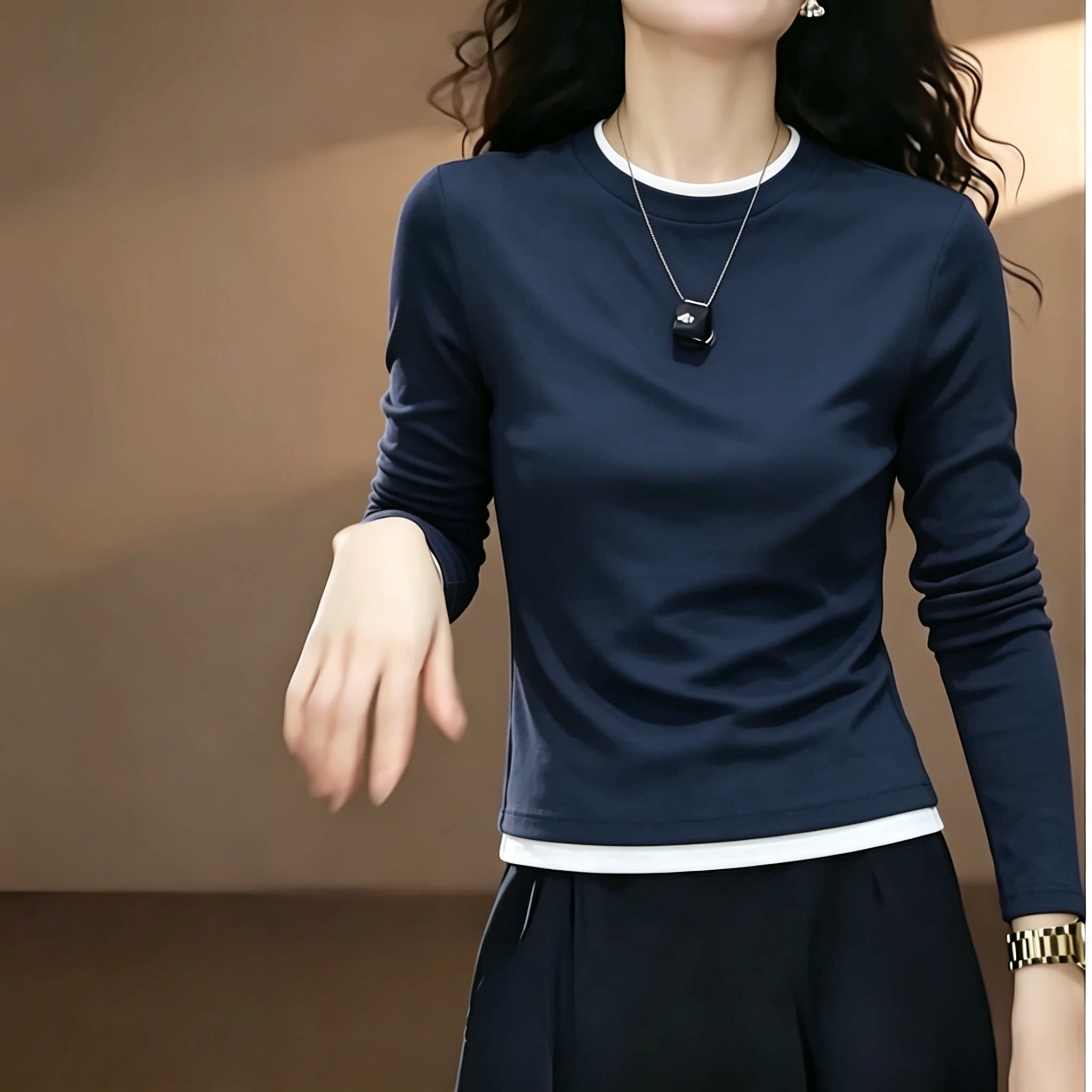 【天丝假两件】正肩修身显瘦百搭上衣女2026秋季圆领长袖打底衫潮