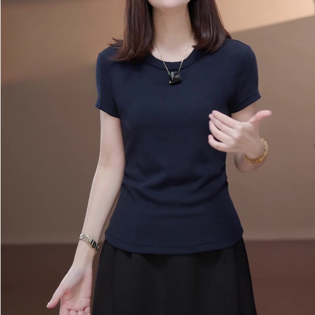 【小蛮腰】莱赛尔天丝圆领褶皱短袖T恤女夏季纯色显瘦收腰上衣服