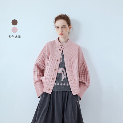 智感衣橱茶家艺术纵格造型袖按扣薄棉服外套2026秋季新款