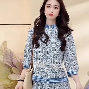 【古韵青瓷】茶家同款小立领系扣蕾丝拼接印花衬衫2026夏新款